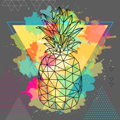 Sticker Hipster polygonal tropic fruit pineapple on artistic triangle watercolor background