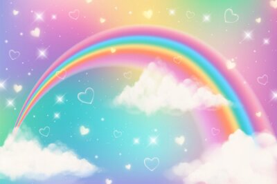 Holographic fantasy rainbow unicorn background with clouds. Pastel color sky. Magical landscape, abstract fabulous pattern. Cute candy wallpaper. Vector.