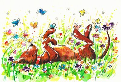 Sticker Hund auf der Wiese mit Schmetterlingen und Blumen