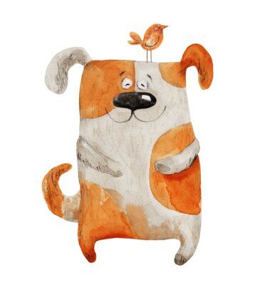 Sticker Hund lächelnd mit Vogel. Aquarellabbildung