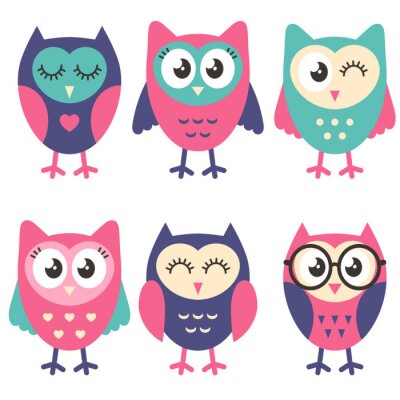 Sticker Icons of cute owls isolated on white