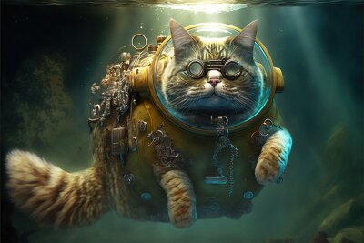 Sticker illustrata scuba diving steampunk cat swimming in the ocean illustration generative ai