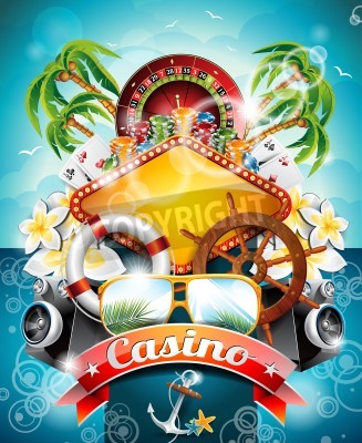 Sticker Illustration auf einem Kasinothema mit Roulette-Rad und Band auf tropischem Hintergrund