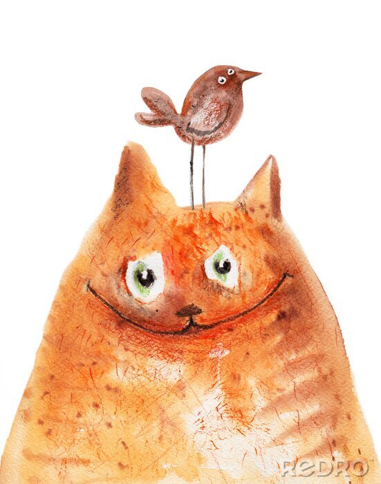 Sticker Illustration einer Katze und eines Vogels