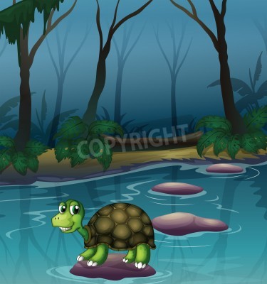 Sticker Illustration einer Schildkröte am See im Wald