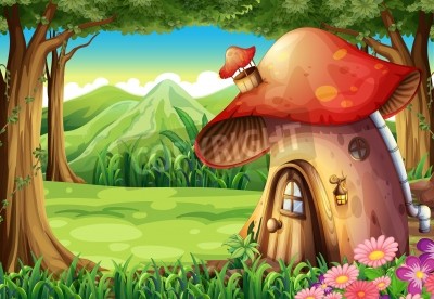 Sticker Illustration eines Waldes mit einem Pilzhaus