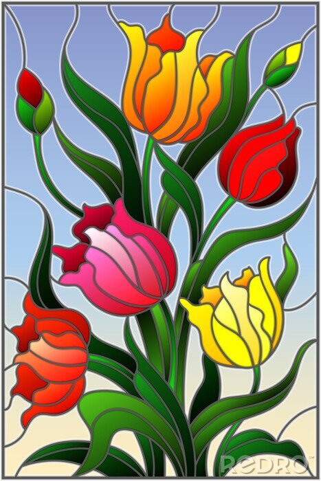 Sticker Illustration in der Buntglasart mit einem Blumenstrauß von bunten Tulpen auf einem Himmelhintergrund