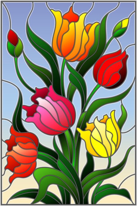 Sticker Illustration in der Buntglasart mit einem Blumenstrauß von bunten Tulpen auf einem Himmelhintergrund