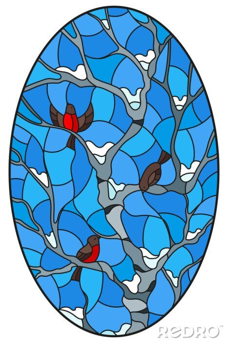 Sticker Illustration in stained glass style with bullfinches on branches of a birch tree against the sky and snow, oval image