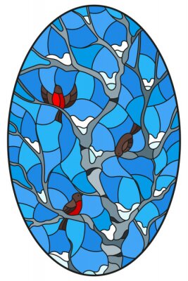 Sticker Illustration in stained glass style with bullfinches on branches of a birch tree against the sky and snow, oval image