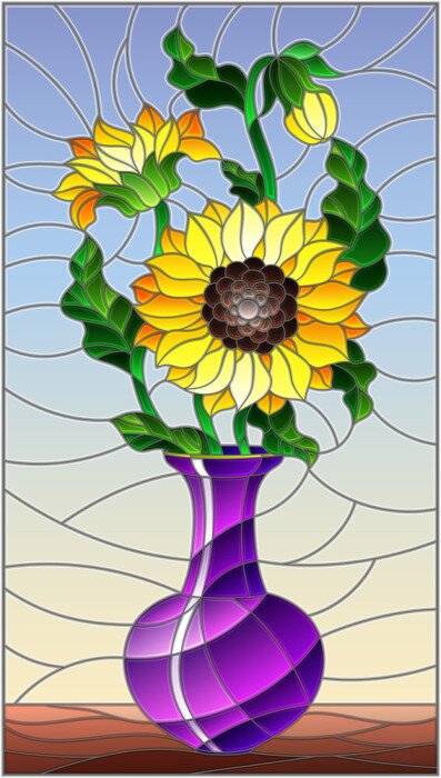 Sticker Illustration in stained glass style with floral still life, a bouquet of sunflowers in a purple vase on a blue background