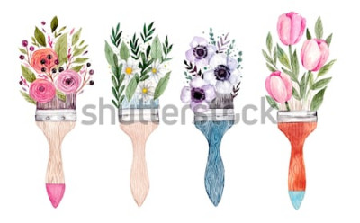 Sticker Illustration mit Blumen auf Pinseln