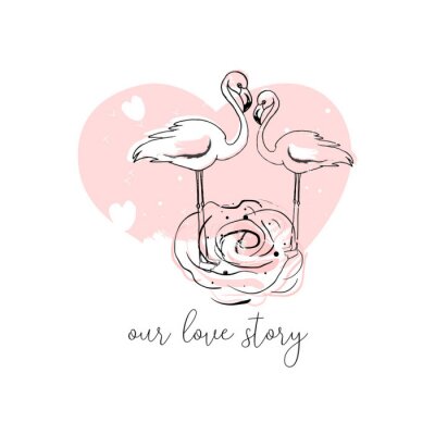Sticker Illustration mit verliebten Flamingos