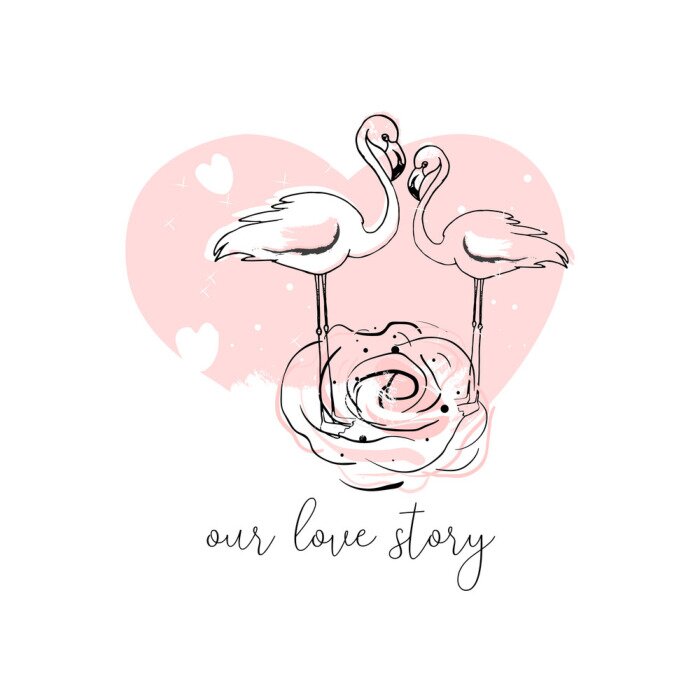 Sticker Illustration mit verliebten Flamingos