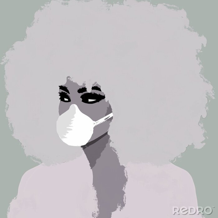 Sticker Illustration of african black woman, with mouth protection mask, for corona virus epedemic	
