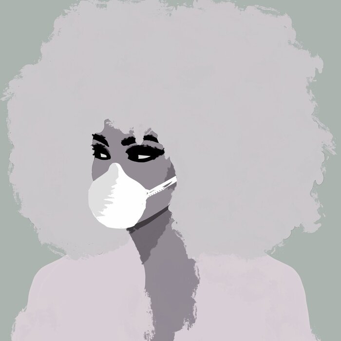 Sticker Illustration of african black woman, with mouth protection mask, for corona virus epedemic	

