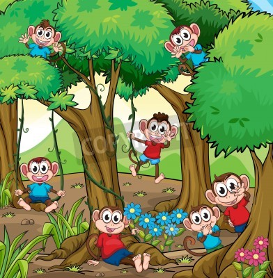 Sticker Illustration von Affen, die im Dschungel spielen