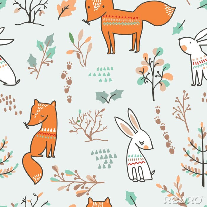 Sticker Illustrierte Füchse und Pflanzen mit Blättern