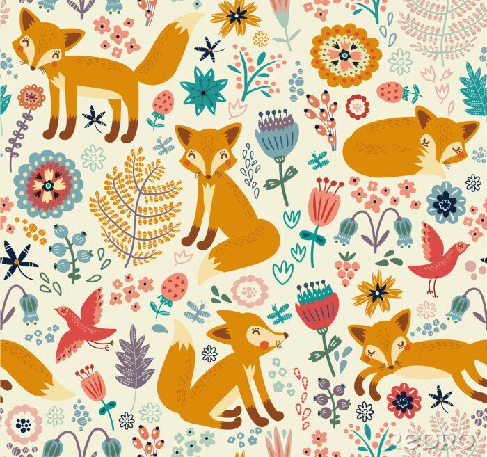 Sticker Illustrierte Füchse Vögel und bunte Blumen