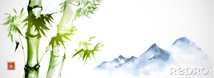 Sticker Illustrierter Bambus mit Bergmotiv