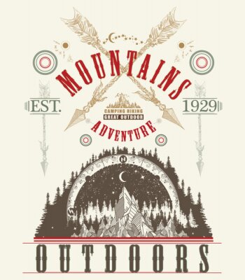 Sticker Im Freien Poster. Berge Tattoo Kunst, T-Shirt Design. Berge, Symbolreise, Tourismus, Extremsport und Klettern, Berge Tribal Style
