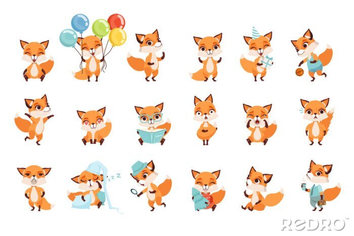 Sticker In Reihen stehende Füchse bei verschiedenen Aktivitäten