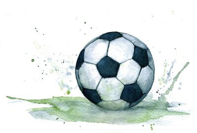 Sticker Isolated watercolour illustration of realistic black and white soccer ball with green splash