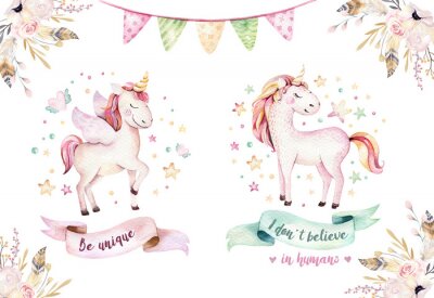 Isoliert niedlichen Aquarell Einhorn Clipart. Nursery Einhörner Illustration. Prinzessin Regenbogen Einhörner Plakat. Modisches rosa Karikaturpferd