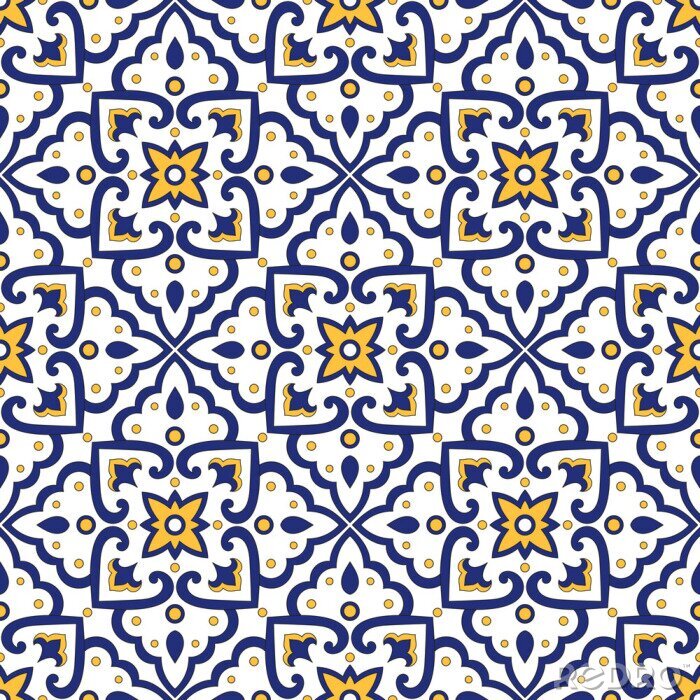 Sticker Italian tile pattern vector seamless with vintage ornaments. Portuguese azulejos, mexican talavera, italy sicily majolica motifs. Tiled texture for ceramic kitchen wall or bathroom mosaic floor.