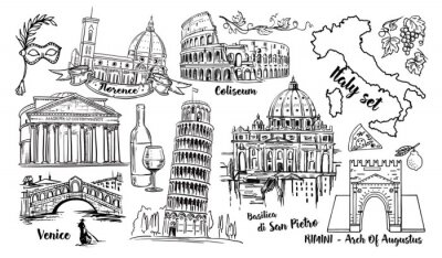Sticker Italien Wahrzeichen Vektor Sketch Set. Kolosseum, Brücken Venedig, Turm Pisa, Vatikan, Rimini, Arch Augustus, Santa Maria del Fiore, Florenz