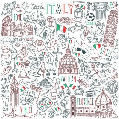 Sticker Italy doodle set. Famous landmarks and traditional Italian symbols - architecture, cuisine, Venice carnival. Objects isolated on white background
