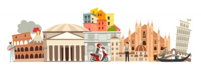 Sticker Italy skyline colorful background. Famous Italy building. Italy hand drawn vector illustration. Italian travel landmarks/attraction. Vector illustration isolated on white background