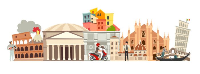 Sticker Italy skyline colorful background. Famous Italy building. Italy hand drawn vector illustration. Italian travel landmarks/attraction. Vector illustration isolated on white background