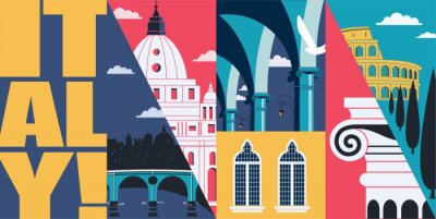 Sticker Italy vector skyline illustration, postcard. Travel to Italy, Rome
