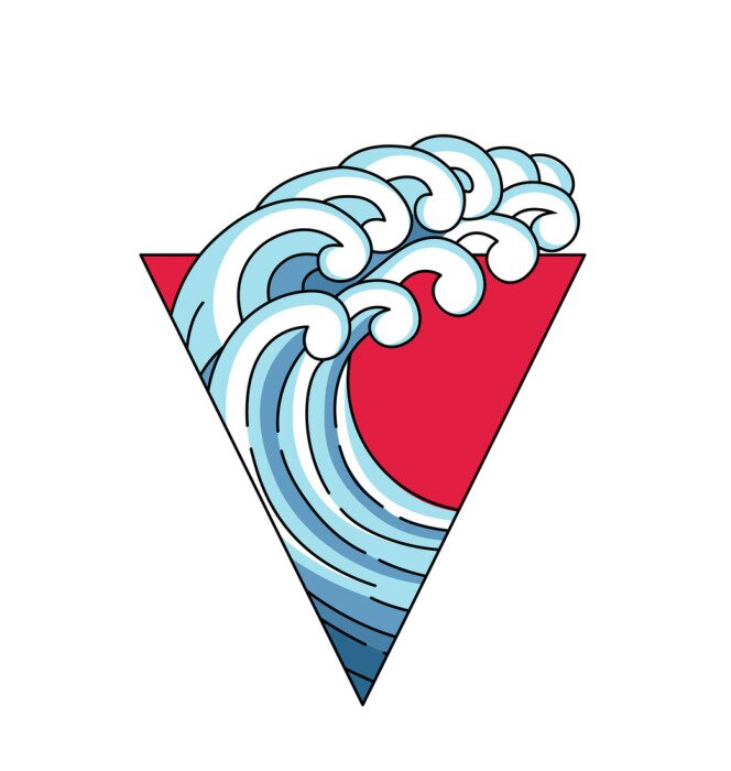Sticker Japan wave in triangle red sun logo. Japane oriental style vector art illustration. Vector Japan wave in red triangle. Linear style outline logo. Asian, chinese ocean blue wave trigon logo.