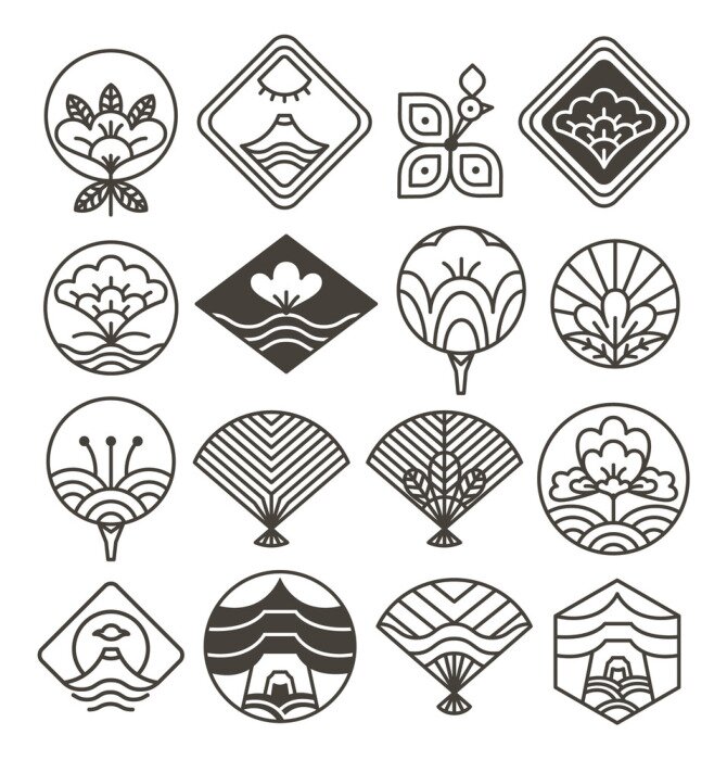 Sticker Japanese Monochrome Icons Set with Ethnic Motifs