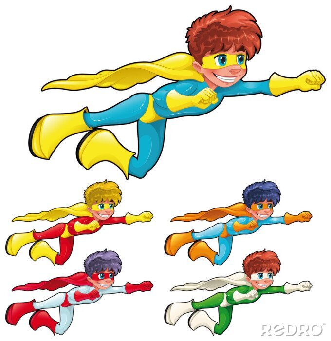 Sticker Junge Superhelden. Vector Zeichen. Isolierte Objekte