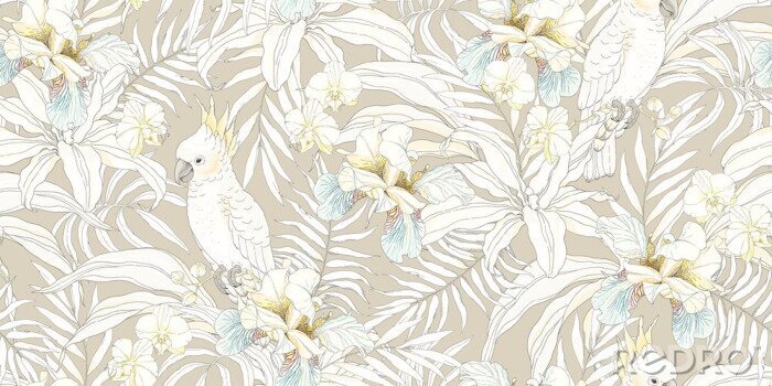 Sticker Kakadu-Papageien inmitten von Orchideen