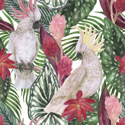 Kakadu-Papageien und Blätter