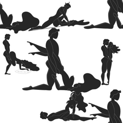 Sticker Kama Sutra, seamless pattern, design, poster, fabric. Kamasutra, sketchy poses for making love. Set.