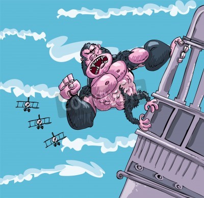 Sticker Karikatur King Kong hängt an einem Gebäude. Bi-Flugzeuge greifen ihn an