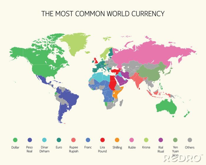 Sticker Karte der häufigsten Weltwährung