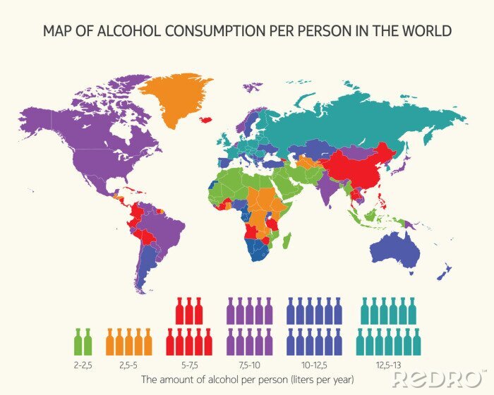 Sticker Karte des Alkoholkonsums pro Person in der Welt