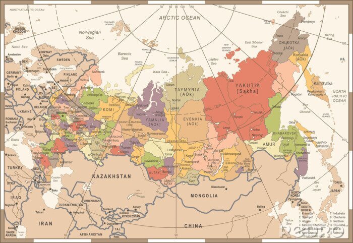 Sticker Karte von Russland nach Regionen