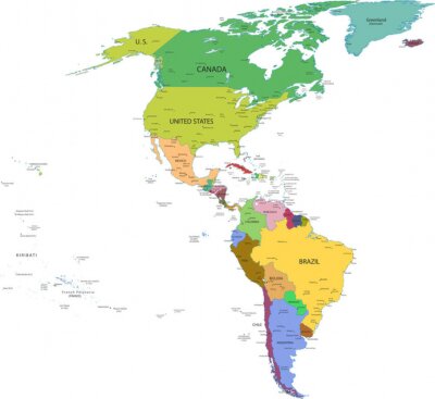 Sticker Karte von Süd-und Nordamerika mit Ländern