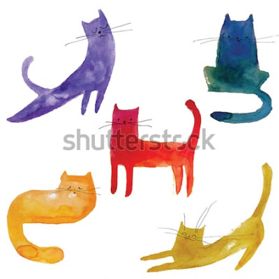 Sticker Katze für Kinder bunte Katzen mit schwarzem Schnurrbart Aquarell