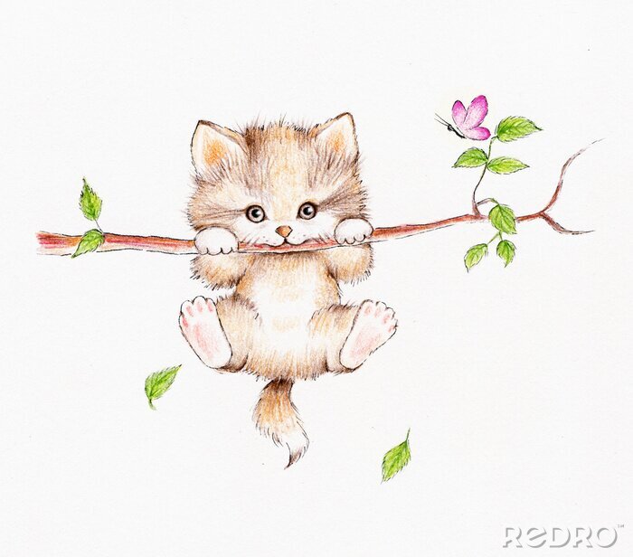 Sticker Katze für Kinder, die an einem Ast hängt, und ein rosa Schmetterling