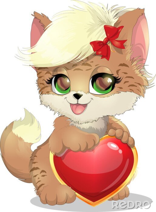 Sticker Katze für Kinder hält ein rotes Herz