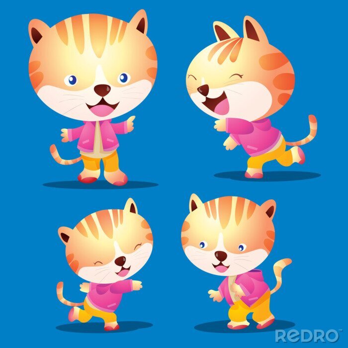 Sticker Katze für Kinder in rosa Jacke in verschiedenen Posen