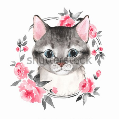 Sticker Katze für Kinder in rundem Rahmen mit Blumen Aquarell